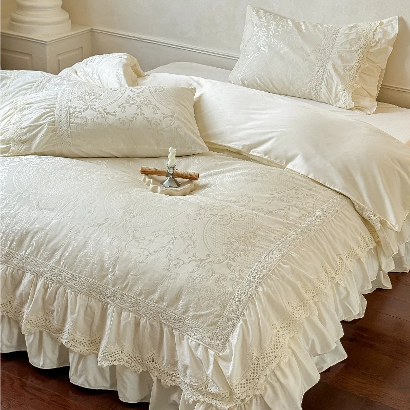 Bedroom Creamy Jacquard Satin Four Piece Set with Lace Edges and Pure Cotton Duvet Cover Light Luxury High-end Bedding