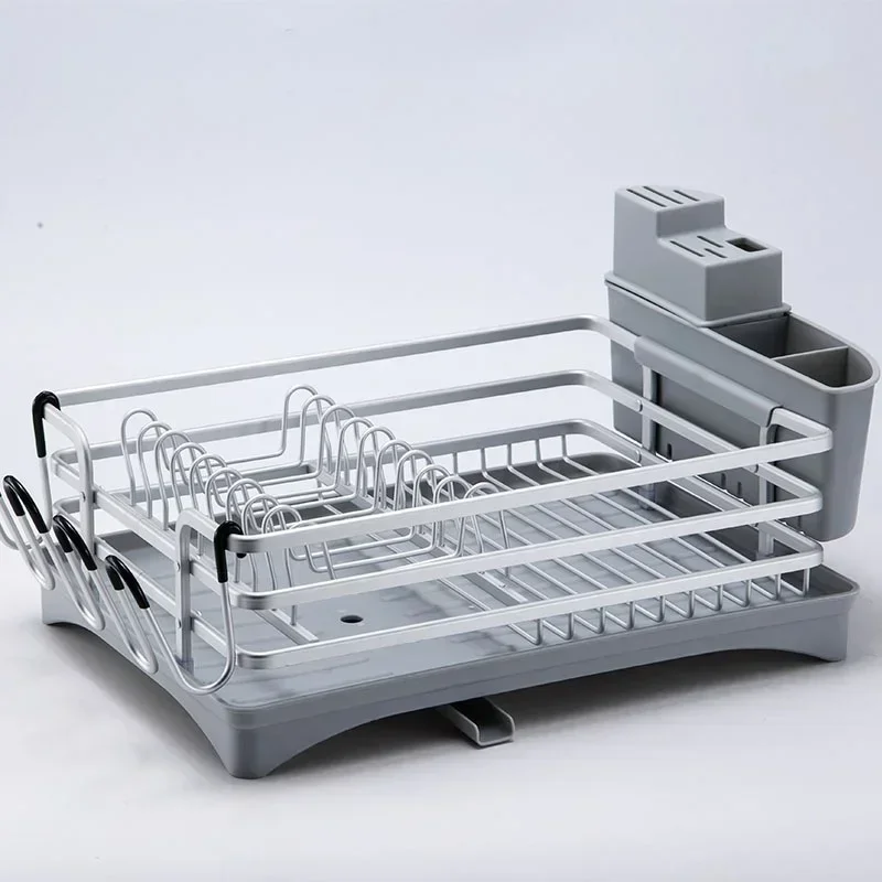 Modern Aluminum Dish Drying Rack Single Layer Silver Stand Kitchen Tableware Drain Shelf Efficient Drying Solution