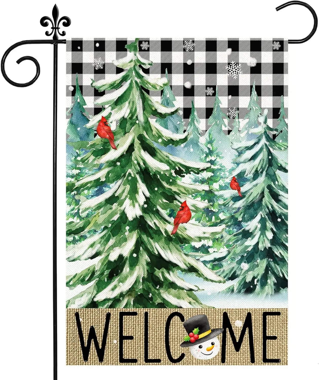 Winter Garden Flag, Welcome Winter Flags 12x18 Double Sided, Christmas Tree with Black White Buffalo Plaid Cardinal Burlap Verti