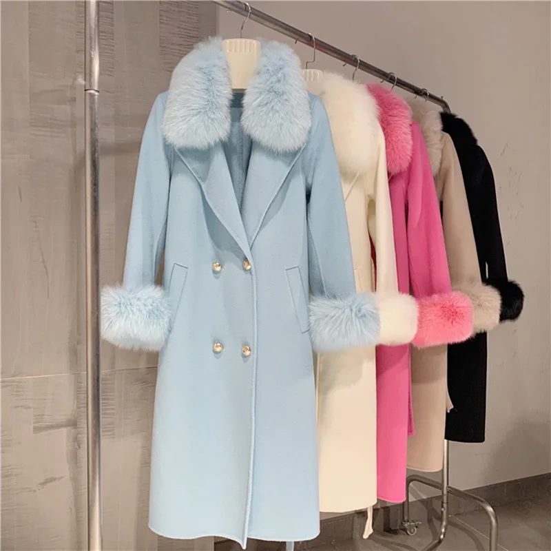 2024 Lady Luxury Real Wool Coats Fashion Fur Jacket Natural Fox Fur Collar With Belt Winter Warm Cashmere Outerwear