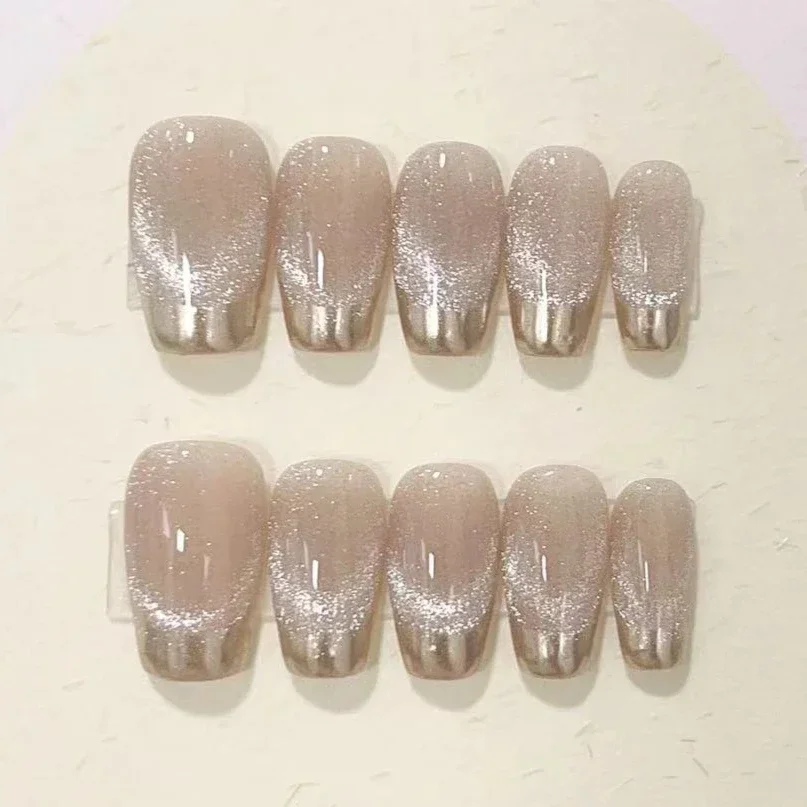 Imprensa Handmade em Unhas, Cobertura Completa, Glitter Francês, Olho De Gato, Pérolas Design, Bailarina, Unhas Postiças, Manicure, Dicas De Unhas Wearable, 10Pcs