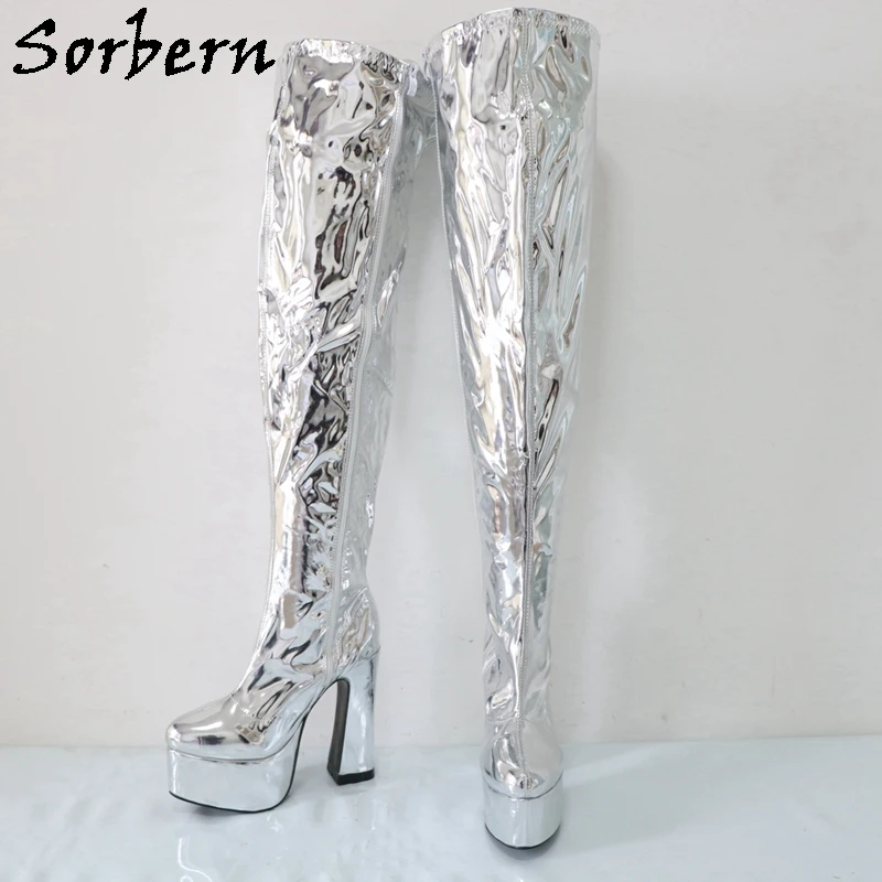 Sorbern Metallic Silver Over The Knee Boots For Women Block High Heel Platform Fetish Boots For Drag Queen Gaga Heels Custom