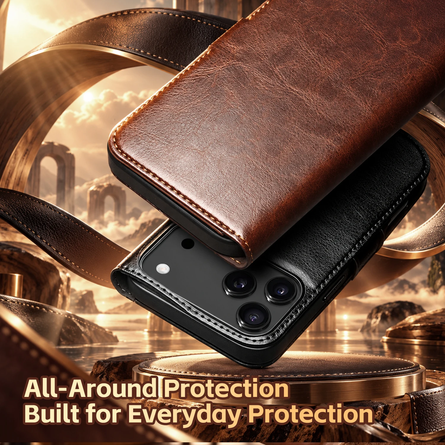 Vintage Genuine Leather Flip Wallet Case for iPhone 18 Pro Max 18 Pro with Card Slots Cash Pocket Kickstand and Magnetic Closure - view 3