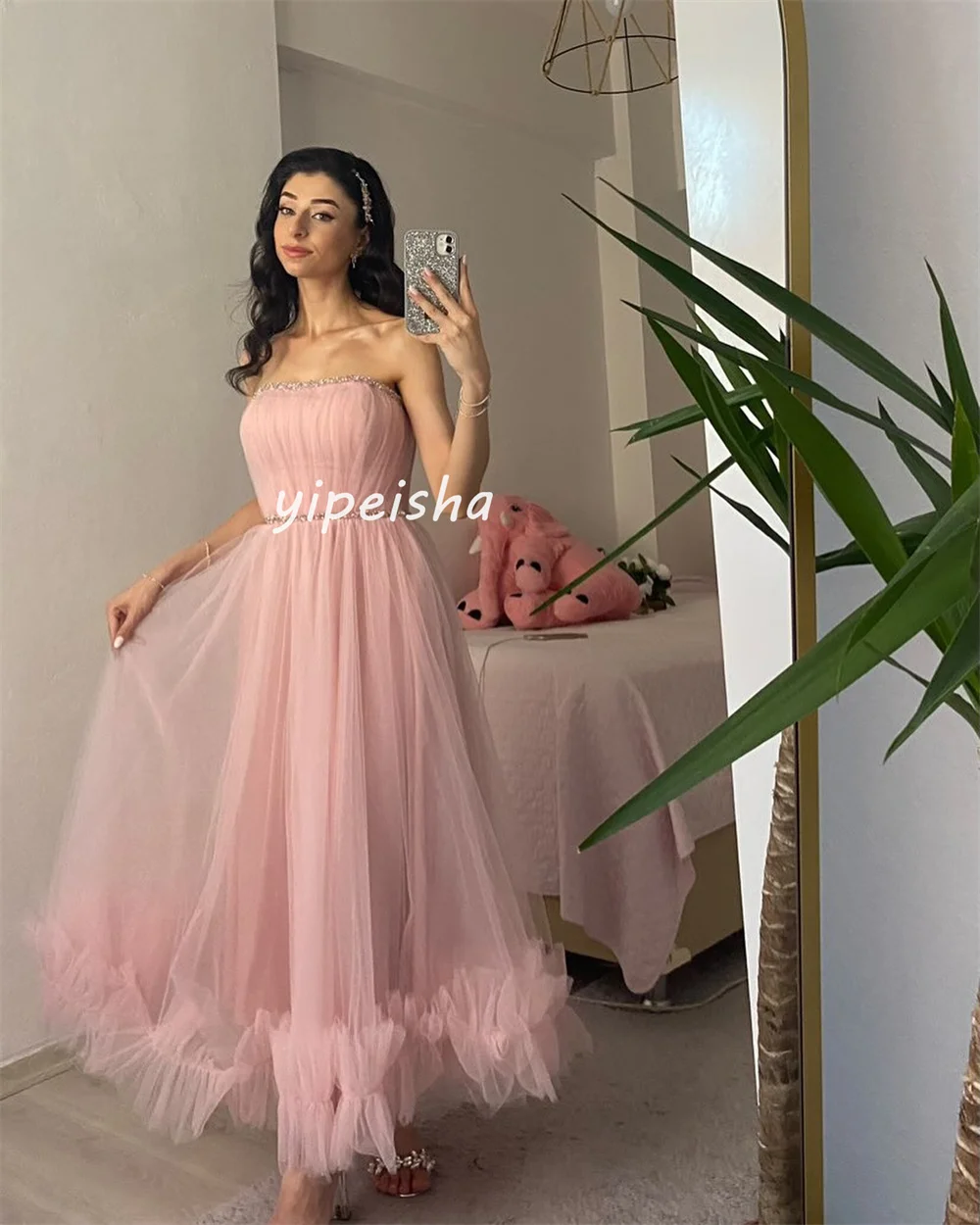 Customized Chinese Style Net Draped A-line Strapless Midi Dresses Homecoming Dresses Formal Casual Simple Retro Fashion Elegant