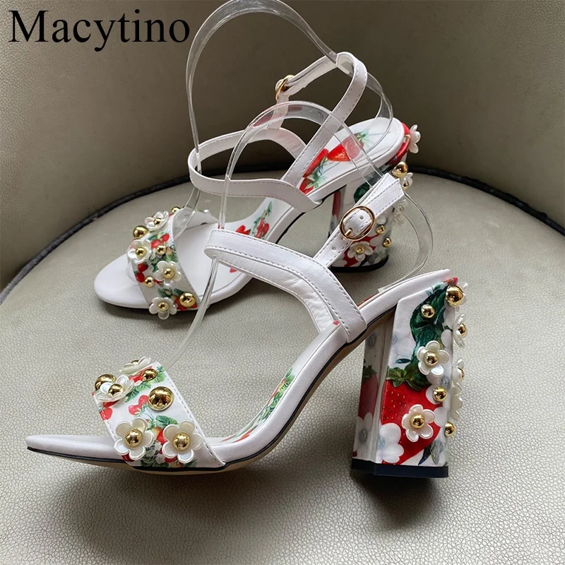 

New Style Summer Women Retro Ethic Sandals White Flower Pearl High Heel Fashion Casul Ladies Shoes Strawberry Print