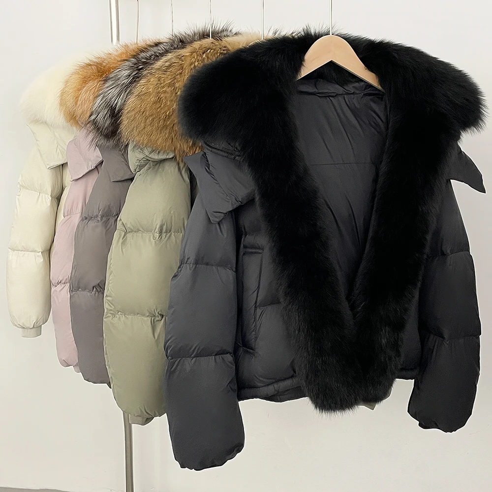 

OFTBUY Куртка-пуховик женская из натурального меха с большим воротником из лисьего меха енота осень-зима женская мода короткое белое пальто на утином пуху