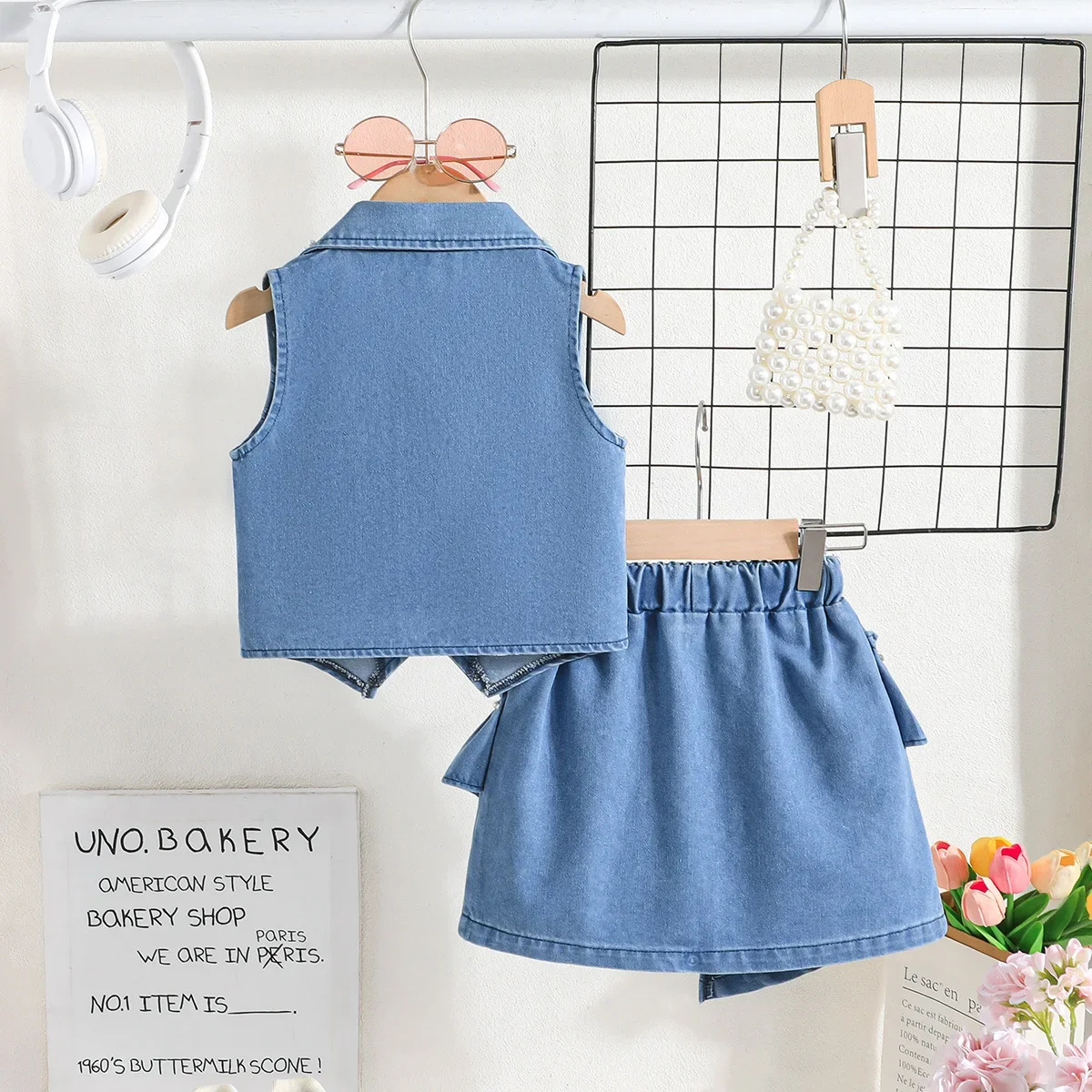 Girls Rivet Denim Vest Ruffle Shorts Set Kids Street Style Weekend Trip Look Summer Outfit Outdoor Activity Bohemian Style ZYD47
