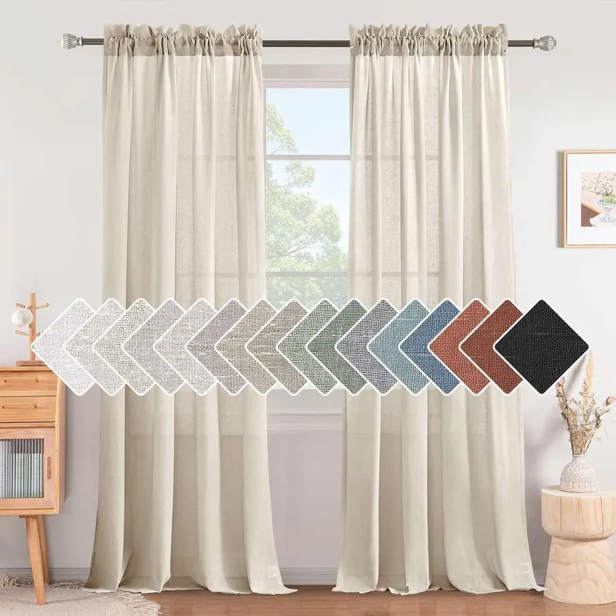 

Curtains 96 Inches Long for Living Room 2 Panels Rod Pocket Soft Linen Draperies Light Weight Airy Semi Privacy Sheer Curtains f