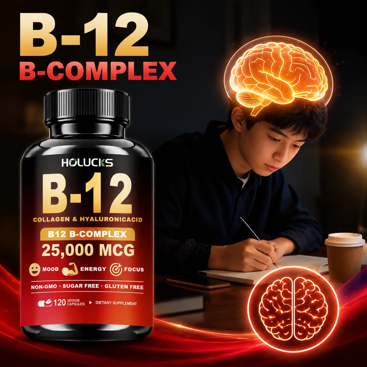 Organic Vitamin B12 Complex Capsules, for Brain & Heart Function Health, Memory, Learning, Focus, Daily Metabolism, Energy