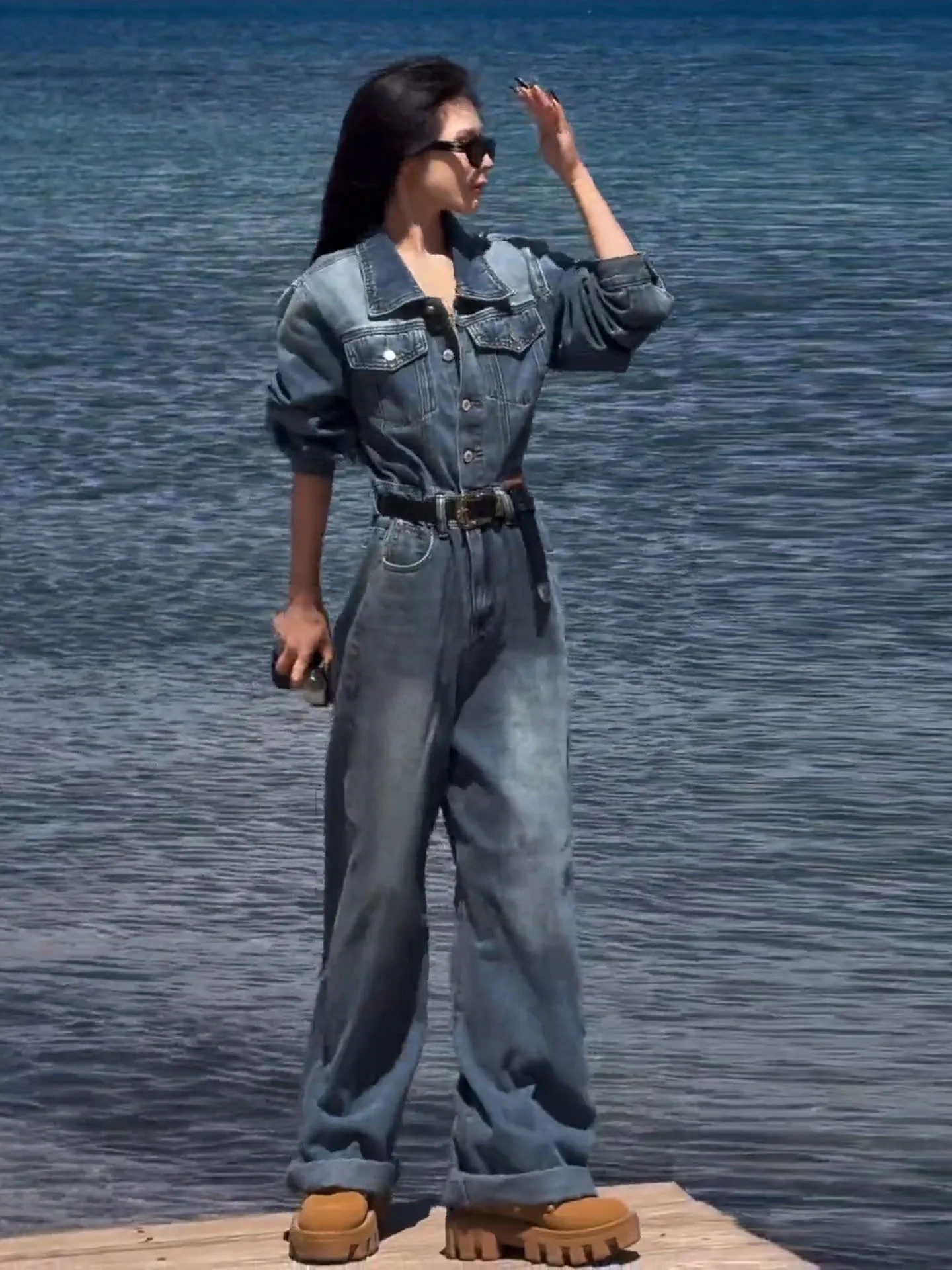 Mono vaquero Retro americano Waed para mujer, traje de una pieza de pierna ancha, holgado, informal, adelgazante, pantalones largos de cintura alta, corte recto