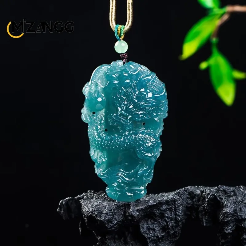 

Natural Jadeite Dragon Coiling Around A Column Pendant with Double-sided Carving of The Zodiac Dragon Necklace for Men and Women