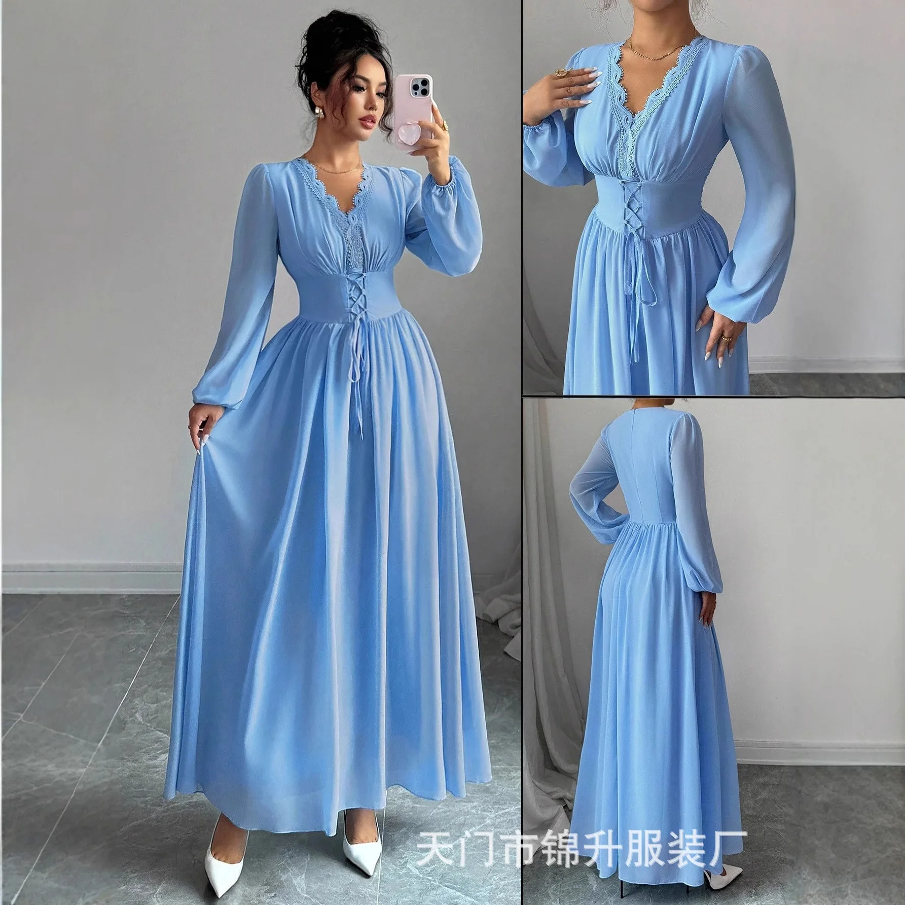 Women's V-neck Slimming Waist-tied Long-sleeve Dress With A Large Hemline Birthday Dress Beach Luxury Lace Maxi