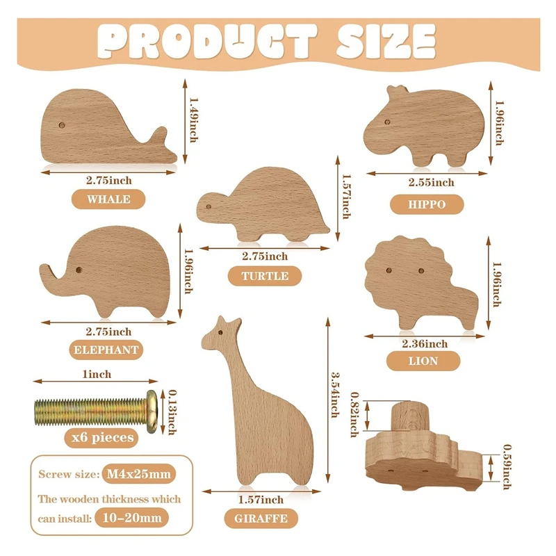 Wooden Animal Cabinet Knobs Decorative Dresser Knobs With Screws Dresser Pulls Wood Marine Woodland Animals Knobs 6Pcs Durable