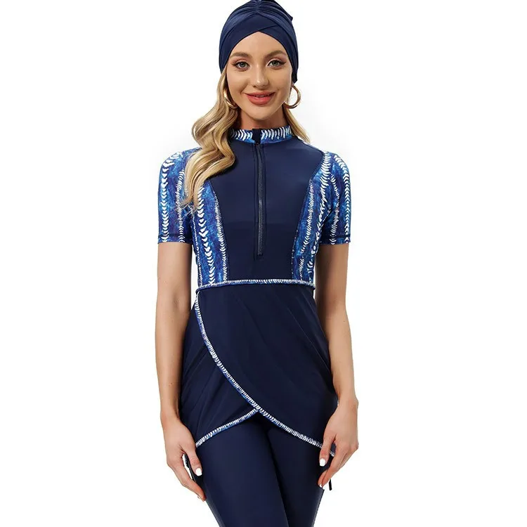 2026 New 3 Pieces Print Front Zip Wrap Tunic Capri Length Modest Burkini Swimsuit Women Short Sleeve Hijab Islamic Bathing Suit