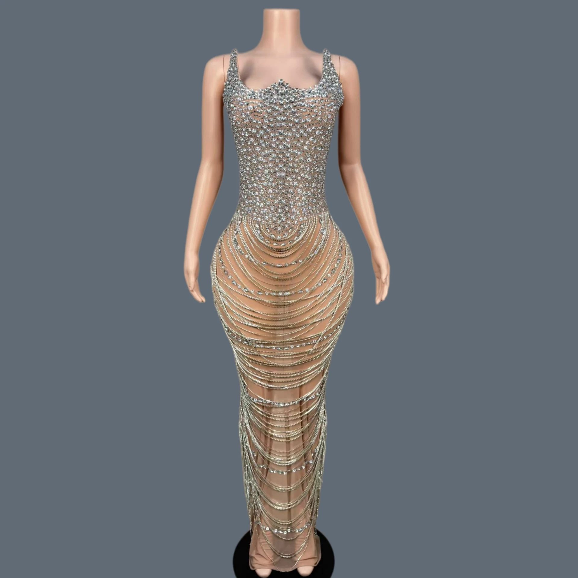 

Birthday Celebrate Party Outfit Silver Rhinestone Chain Fringe Bodycon Dresses Women Luxury Sleeveless Prom Evening Gown Huxian