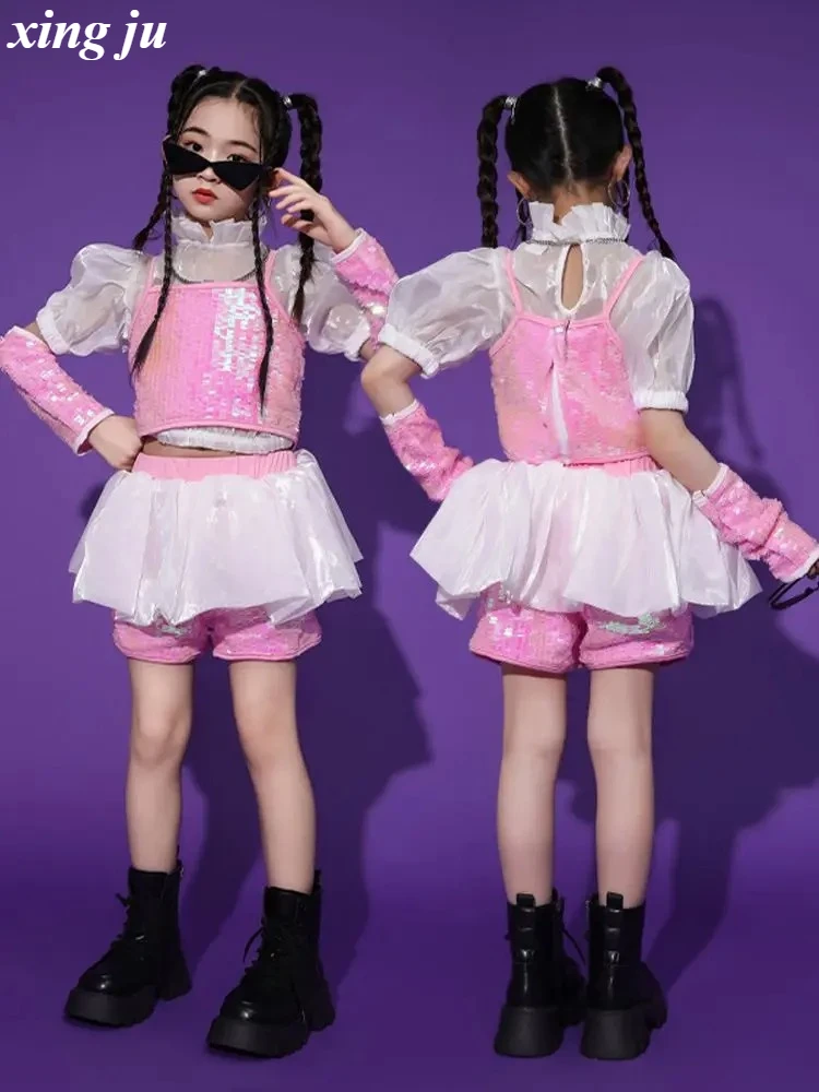 

Xing Ju, розовый костюм для джазовых танцев с блестками для девочек, одежда Kpop, одежда для выступлений черлидинга, детская одежда для подиума в стиле хип-хоп, сценическая одежда