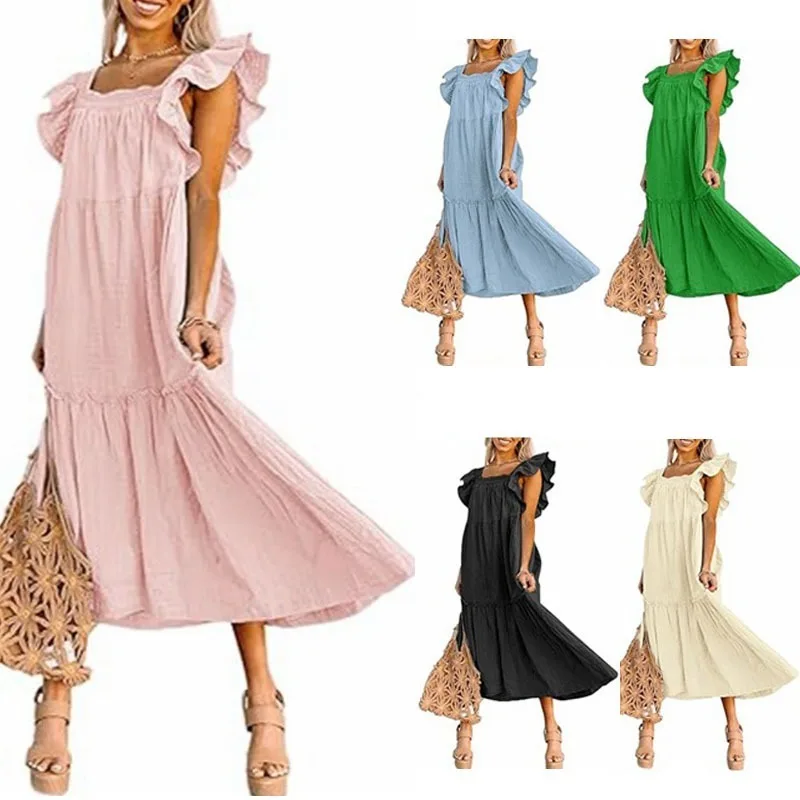 

Women Casual Solid Ruffles Long Dress Summer Fashion Elegant Dresses Basic Romantic Daily Holiday Ladies Dress Women's Clothing