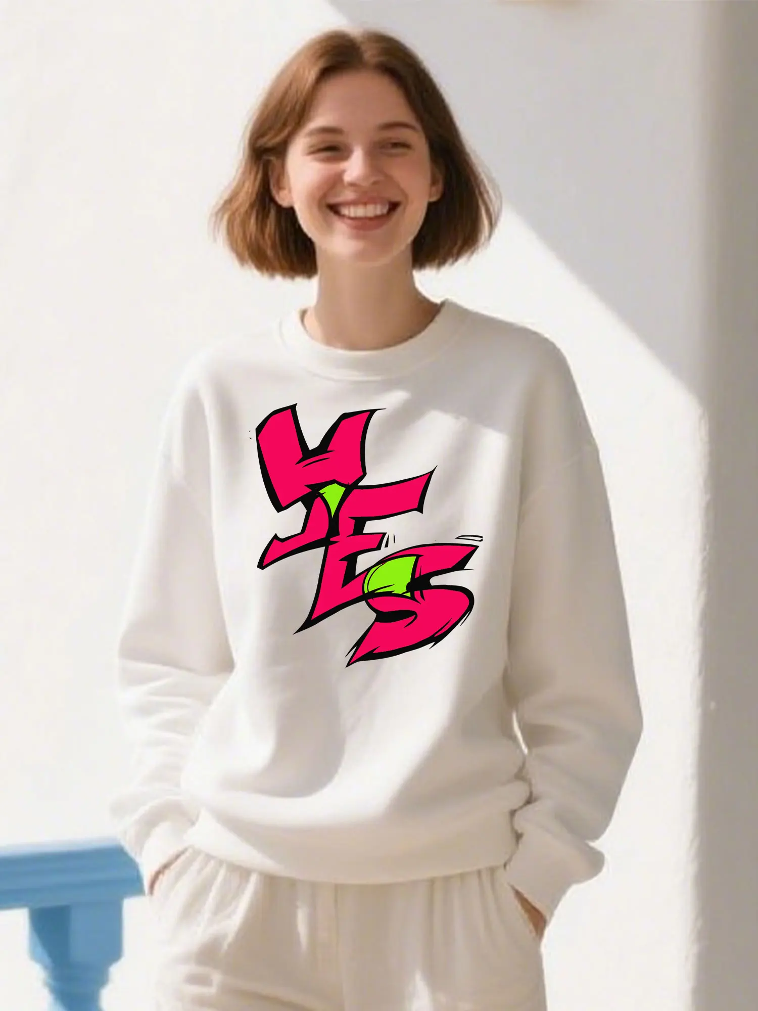 

Premium Cotton Crewneck Sweatshirt With Bold "YES" Graphic Print, Unisex Casual Pullover For Christmas Gifts & Daily Wear