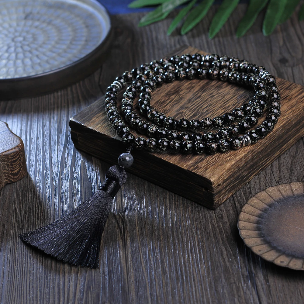 Japamala 108 Mala Necklace,Black Tassels and black Luminous bead,Meditation Yoga Spirit Jewelry Beaded,wholesale