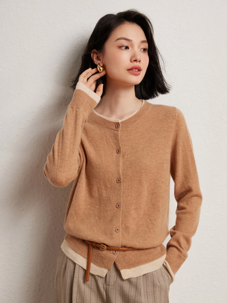 

Women 100% Cashmere Cardigan Fake Two-Piece O-neck Long Sleeve Sweater Autumn Winter Basic Preppy Style Cashmere Knitwear Tops