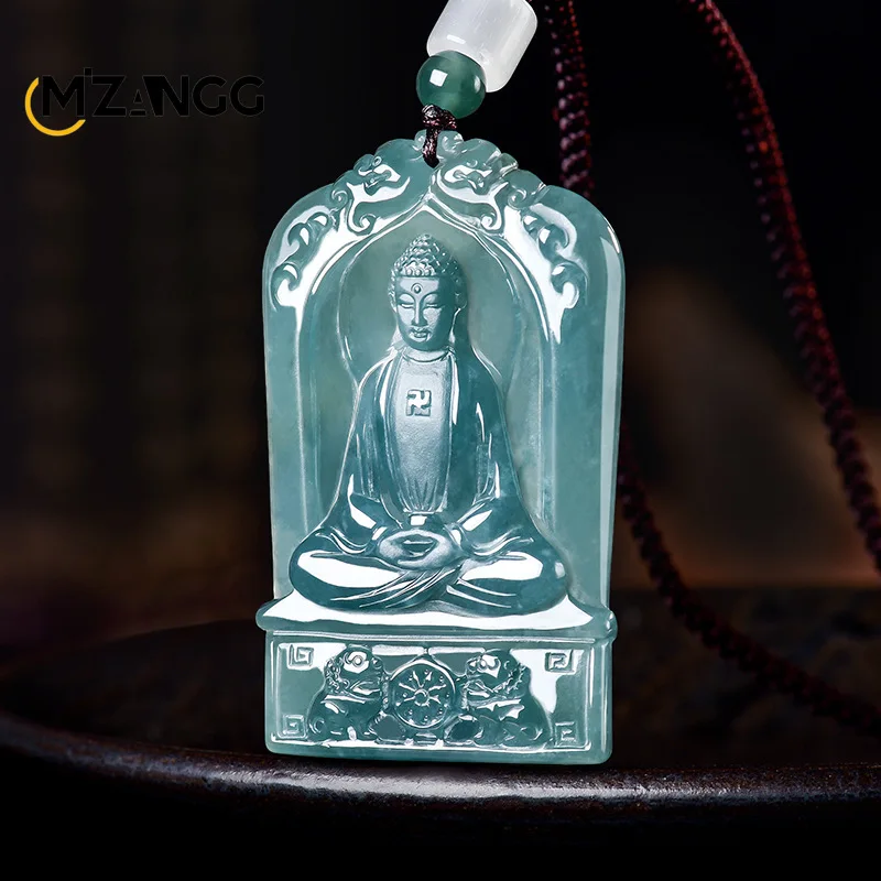 Natural Jadeite Amitabha Pendant Beautifully Carved Zodiac Sign Dog Pig Patron Saint Buddha Lucky Necklace for Men and Women