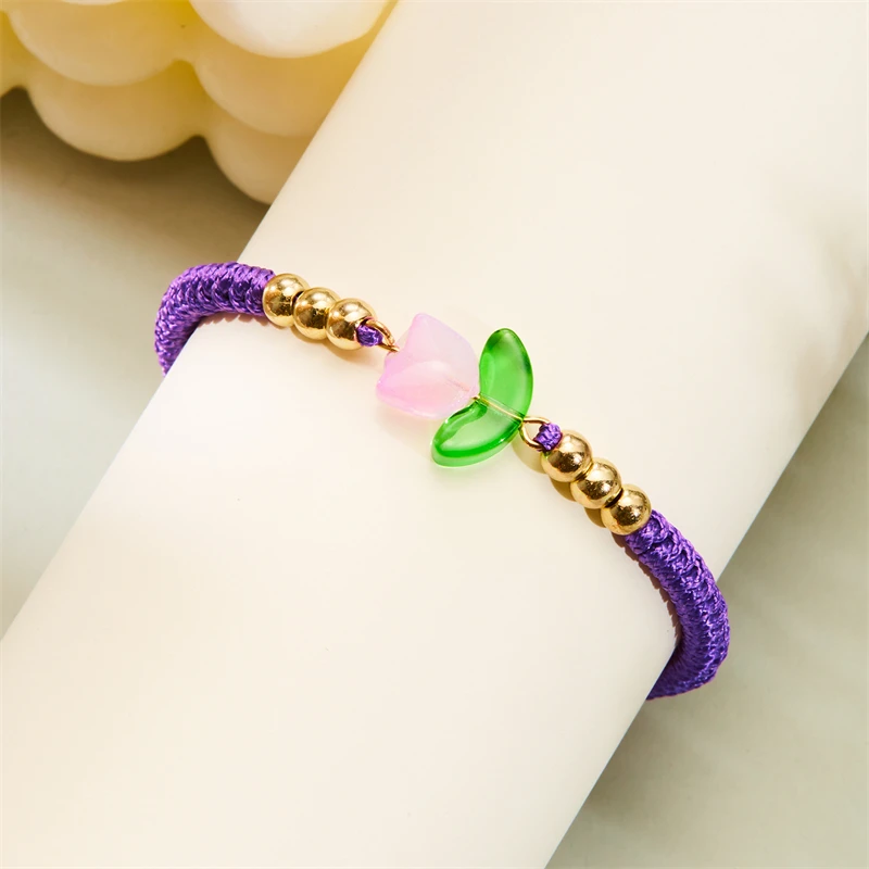 Light Luxury Purple Tulip Bracelet For Women Korean Resin Flower Beaded Adjustable Charm Bracelet Handmade Friendship Jewelry