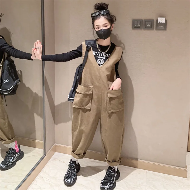 

autumn Girls jumpsuit suit Cotton Letter T-shirt+Strap Overall Pants 2pcs 12 13 14 kid suit children outfits conjuntos de menina