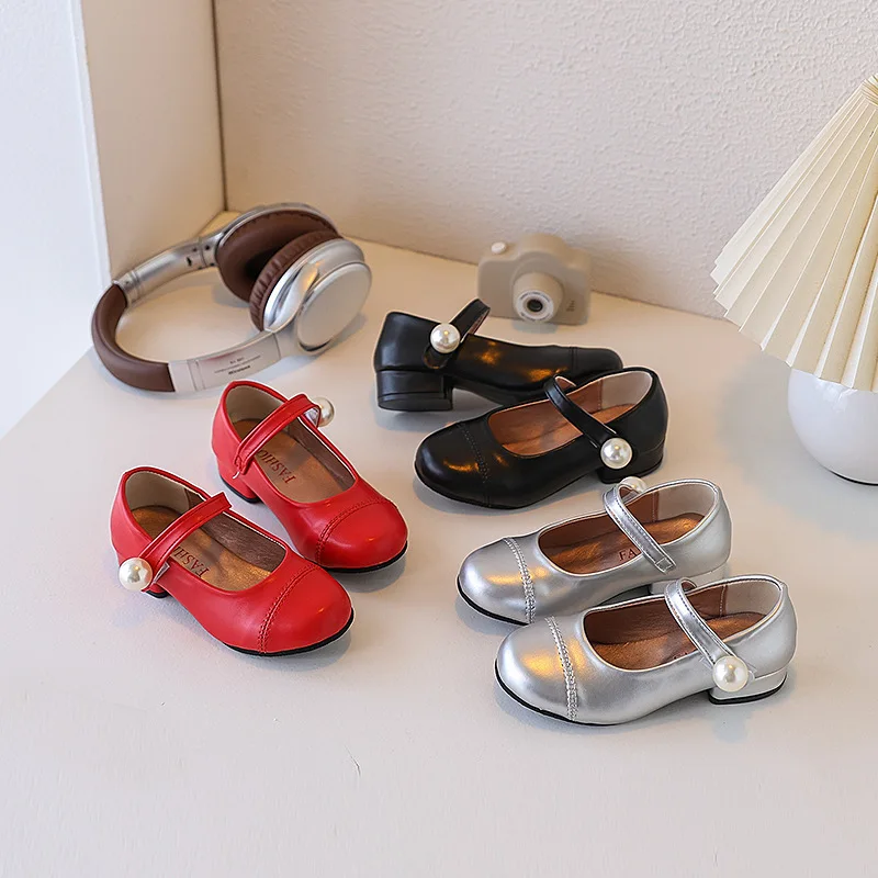 

Children's High Heel Leather Shoes 2025 Autumn New Girls' Fashion Pearl Princess Shoes Student Black Dance Shoes
