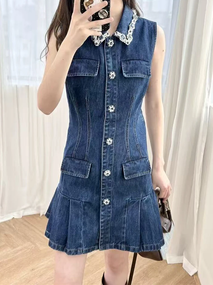 

Spring Summer New Fashion Handmade Diamond Trim Denim Mini Dress Elegant Temperament Turn-Down Collar Slim sleeveless Robe Lady