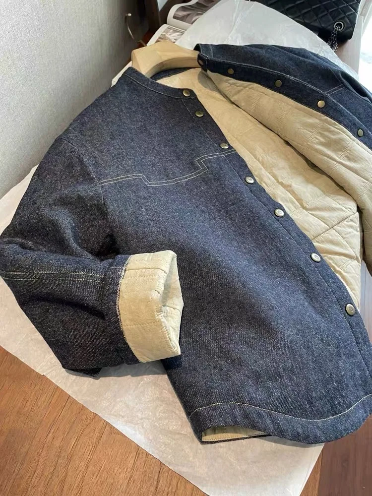 

Джинсовое лоскутное хлопковое джинсовое женское пальто большого размера с круглым подолом и пуговицами, повседневное длинное зимнее пальто цвета све