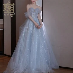 Luxury Long Evening Dresses Shinny Strapless Wedding Party Dress Elegant Simple Sequin Dresses Mesh Design Slim Prom Gown