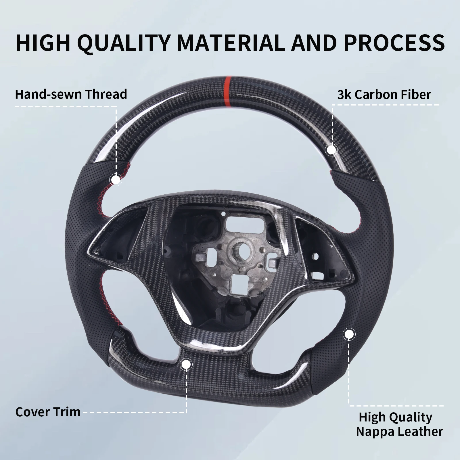 . Fiber Steering Wheel for Chevrolet Corvette C7 2014-2018, D-Shape Flat Bottom Nappa Perforated Leather Grip with Trim