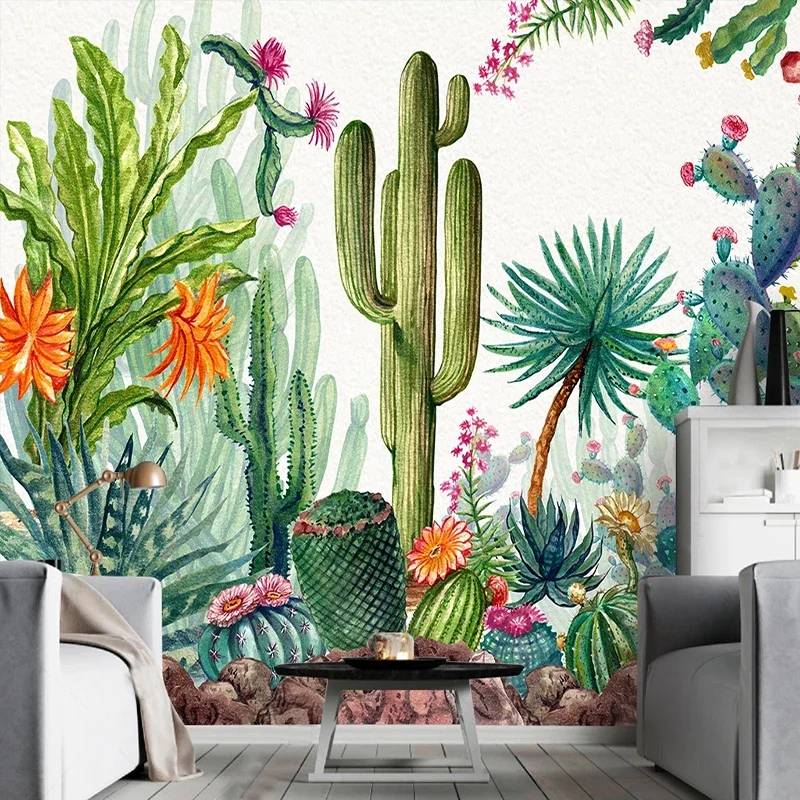 Custom 3D Photo Wallpaper Hand Painted Banana Leaf Cactus Self-adhesive Sticker Mural Living Room Sofa Background Wall Painting