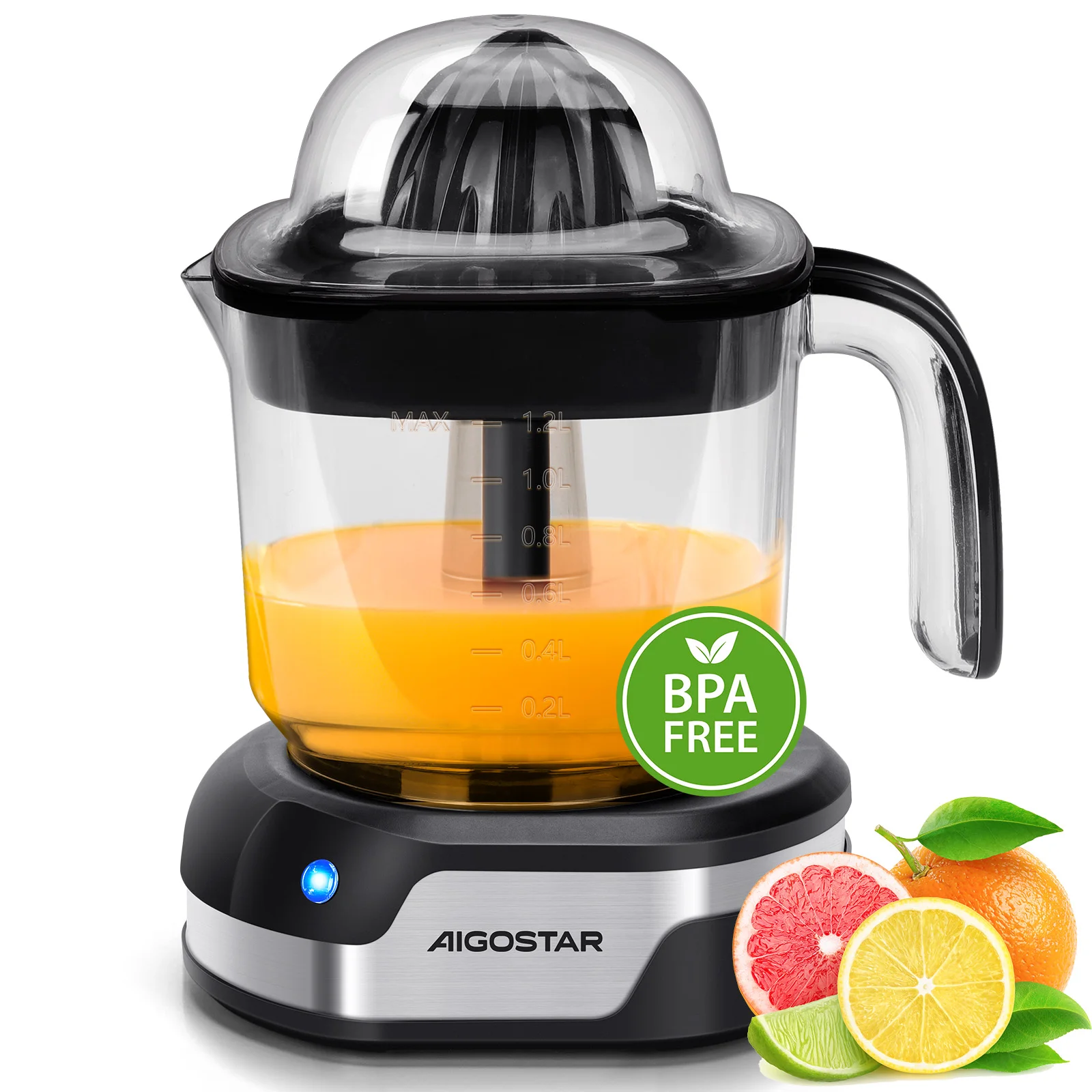 Aigostar Elektrische Zitruspresse, 1,2L Großes Volumen, Saftpresse mit LED-Arbeitslampe und 2 abnehmbaren Kegeln, Zitronenpresse für Orange Zitrone Limette Grapefruit, Spülmaschinenfest，40 W