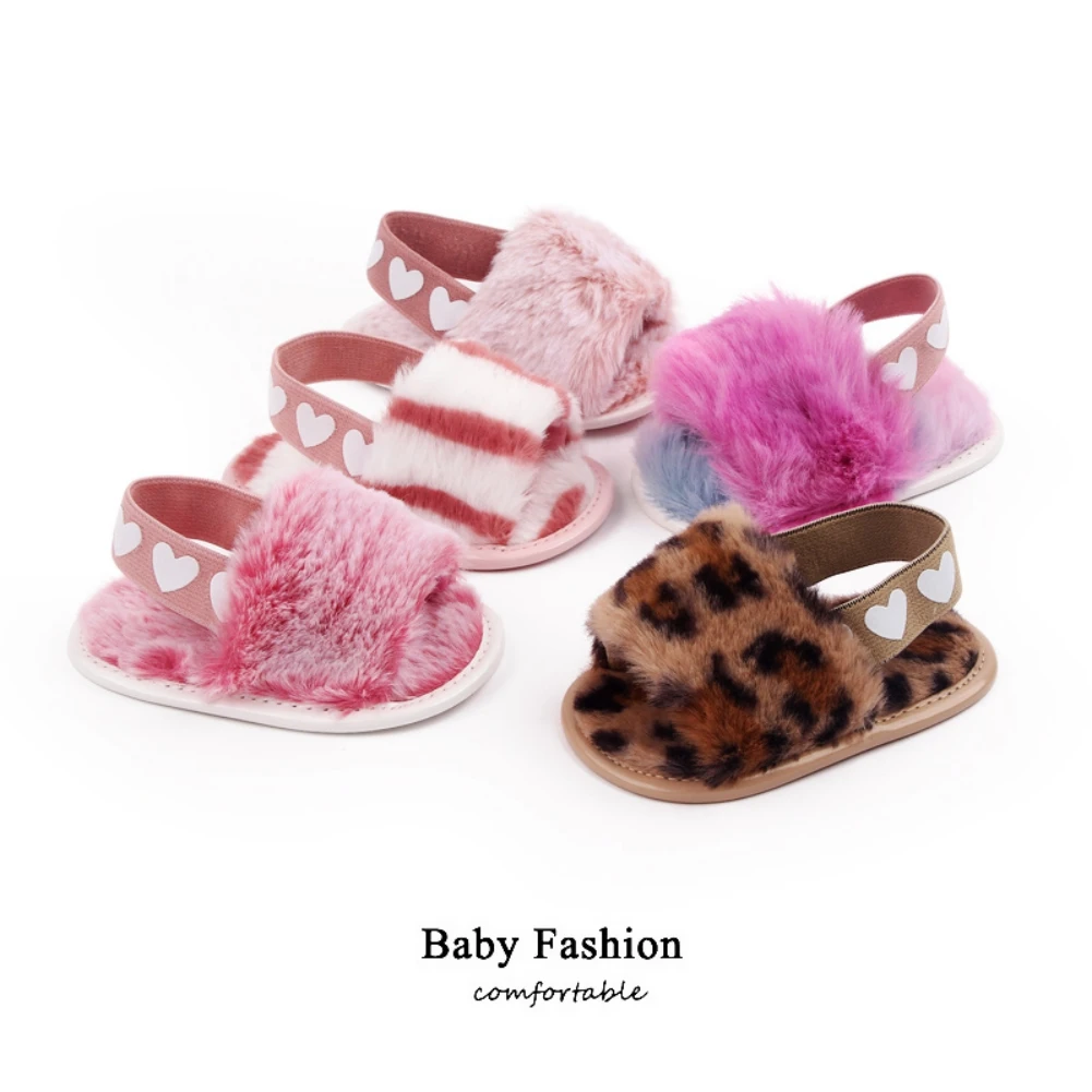 0-18M Soft Plush Sandals Baby Shoes Winter Furry Crib Shoes Indoor Infant Fluffy Slipper Elastic Band Newborn Baby Prewalkers