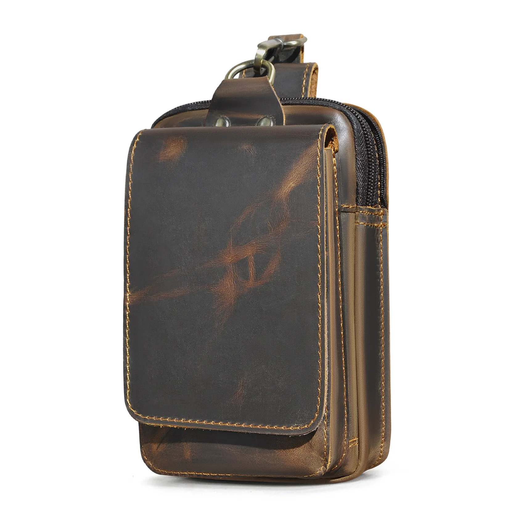Men Trendy Cool Top Layer Crazy Horse Leather Small Waist Bag With Hook 6 Inch Outdoor Pouch For Phone Bag