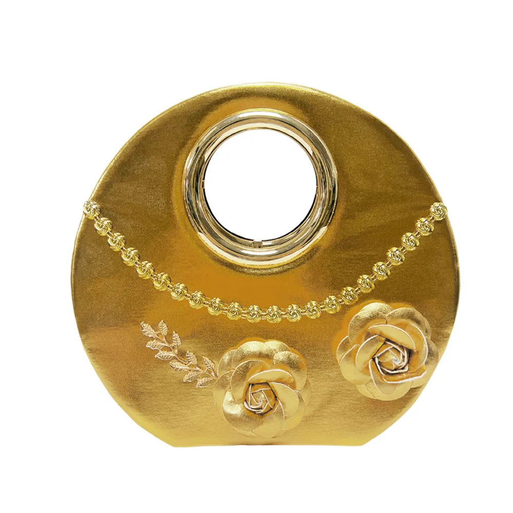 Metallic Gold 3D Fabric Rose Round Metal Ring Clutch Luxury Retro Chinese Style Evening Bag For Middle Aged Women Wedding Purse