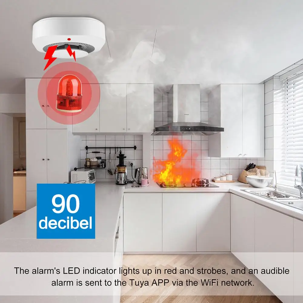 Tuya-Smart Smoke Detector Sensor, Alarme Proteção Contra Incêndio, Home Security System, Smart Life APP Reminder, Wi-Fi