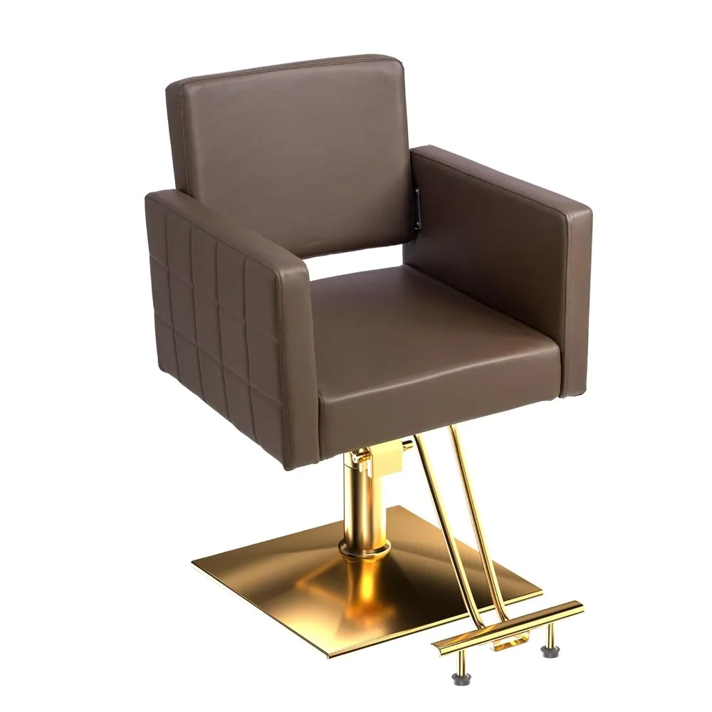 

Brown and Gold Barber Chair Hair Salon Chair with Heavy Duty Hydraulic Pump, Square Base, Stainless Steel Footrest
