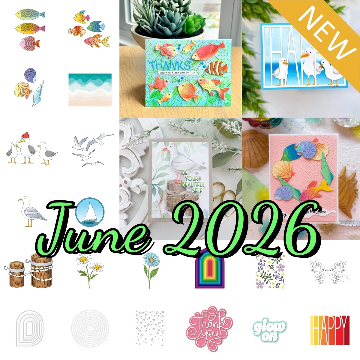 Nuevos troqueles de corte de metal de verano 2026 con motivos de océano, playa, conchas, peces, gaviotas y veleros para manualidades DIY, creación de tarjetas y álbumes de recortes en relieve.