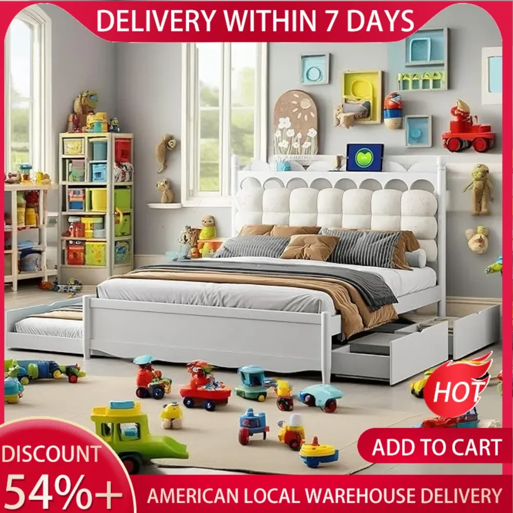 

Queen Wood Platform Bed with 2 Big Drawers and Twin XL Size Trundle,Platform Bed with Upholstered Headboard, Solid Stable,White