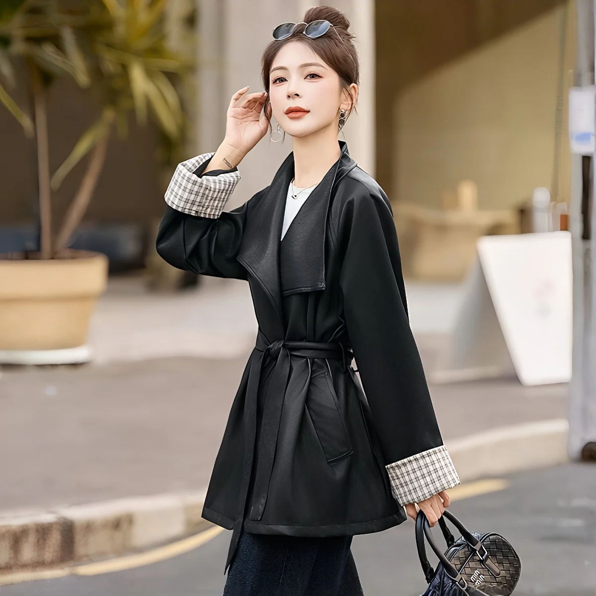 Ele Long Leather Jaet Women's Autumn New Sle Belted Maturi Lightened Wind Coat Polyester Fiber Long Sve Loose Fit