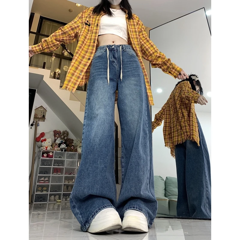 

Blue High Waist Women Jeans Chic Design American Fashion Vintage Streetwear Wide Leg Jean Female Trouser NEW Baggy Denim Pants