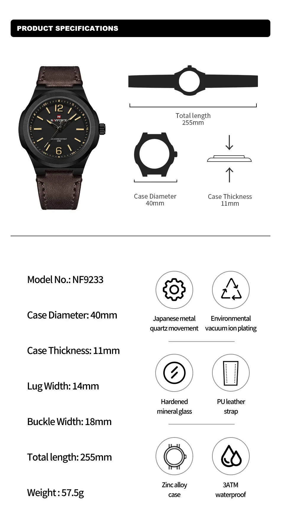 NAVIFORCE NF9233 Fashion Watches For Men Sport Water Resistant PU Strap Quartz Business Wristwatch Relogio Masculino