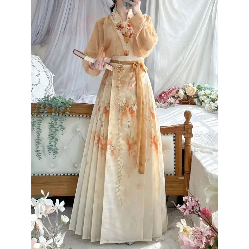 Chinese Traditional Women Clothing Yellow Long Sleeved Light Top Floral Print Horse Faced Skirt Hanfu Dress Women Eveing Dress