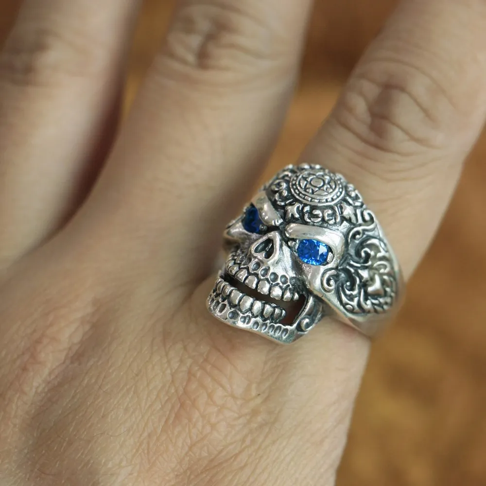 Details Blue CZ Eyes 925 Sterling Silver High Skull Ring Biker Punk Jewelry TA126 US Size 7~15 BZ - view 3