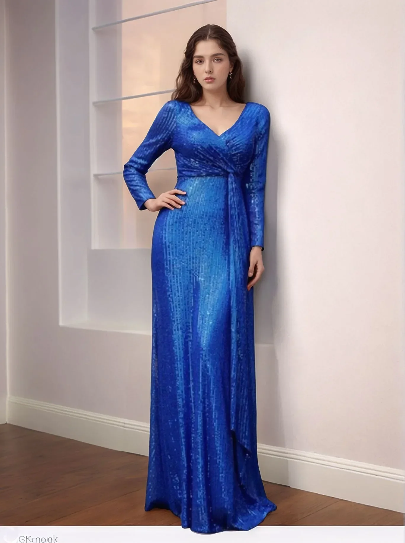 Damen-Abendkleid mit V-Ausschnitt und Pailletten, langen Ärmeln, elegantes Abendkleid für Hochzeit, Party, Brautjungfer, Abschlussball, formelles Promi-Kleid