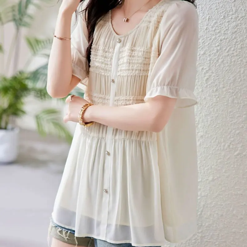 Stylish Solid Color Shirring Folds Shirt Summer Short Sleeve Casual Loose Spliced Women\'s Clothing Chic Button Round Neck Blouse