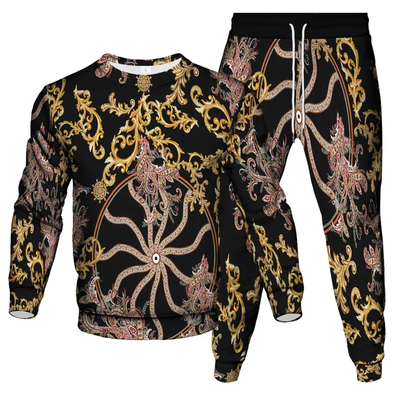 Baroque Style Vintage Luxury Royal Leopard Printing Golden Flower Men Women Tracksuit Sweatshirt Pants 2 Piece Sets Clothes Suit