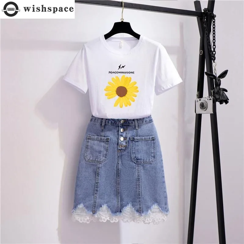 Korean Letter Printing Chrysanthemum Short-sleeved T-shirt Lace Denim Skirt Two-piece Elegant Women\'s Pants Set Summer Outfits